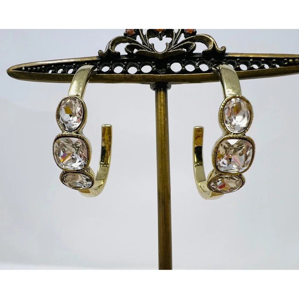 Heidi Daus Gold Tone Clear Crystal Triple Stone Hoop Earrings Pierced C-Hoops